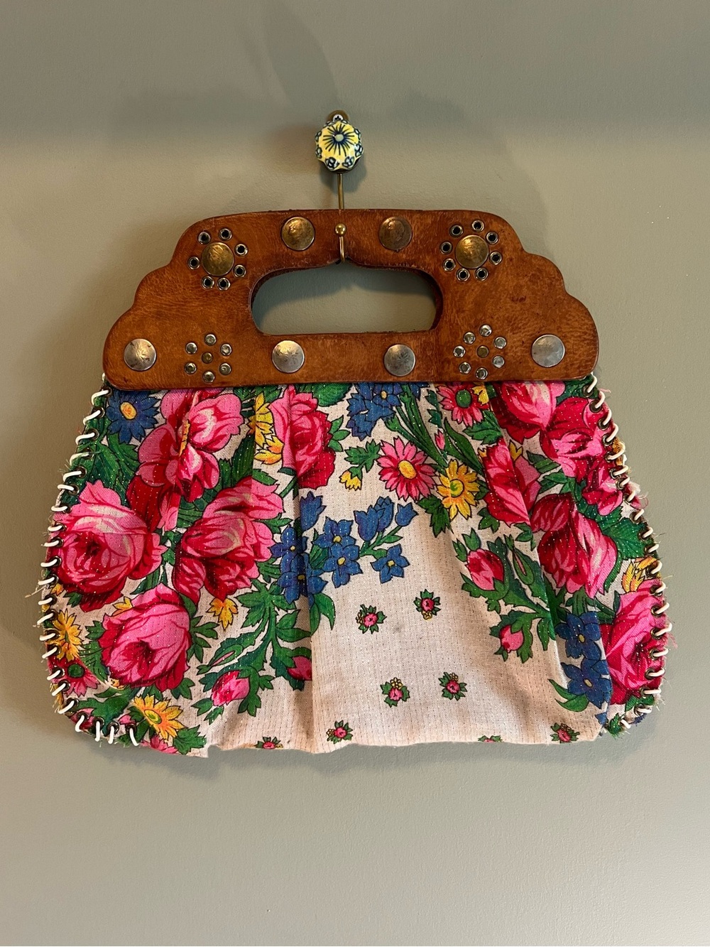 Vintage Artisan Floral Bag | Leather Lined and Leather Top‎ Handle | Boho